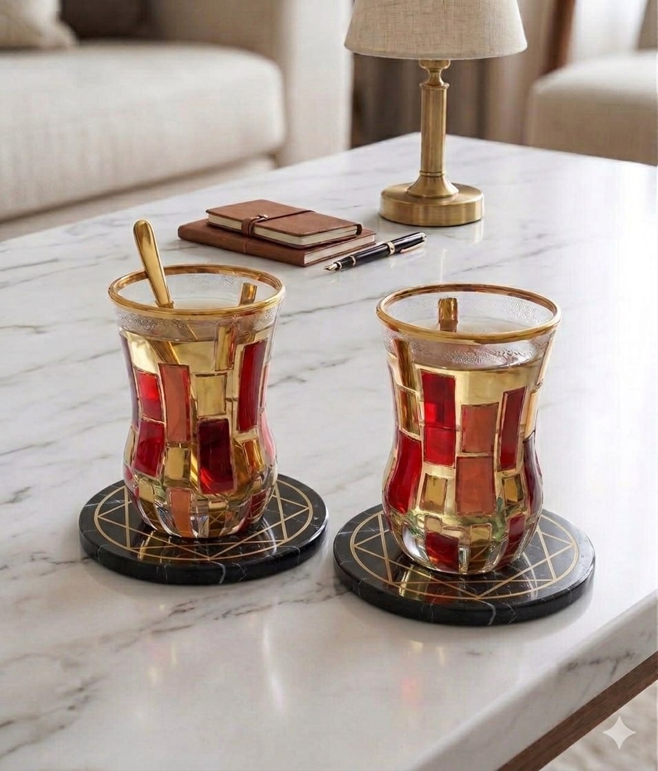 Red and gold Etna tea cups