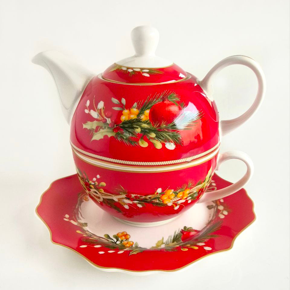 Christmas Teapot with Cup and Plate